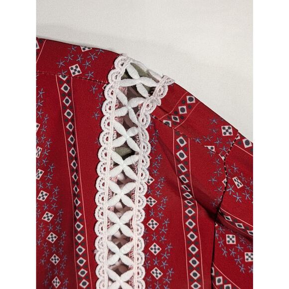 Boho Red Peasant Blouse XXL Tribal Print White Lace V-Neck Long Sleeve Top - Picture 11 of 12